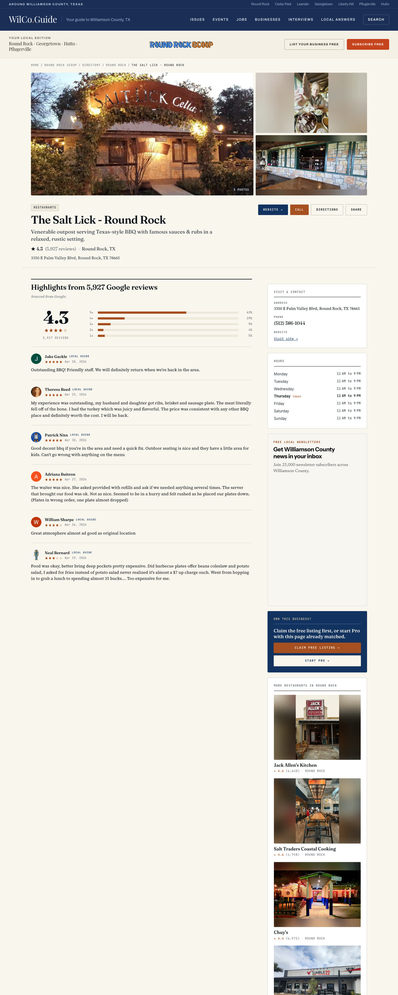 A business profile page on WilCo Guide