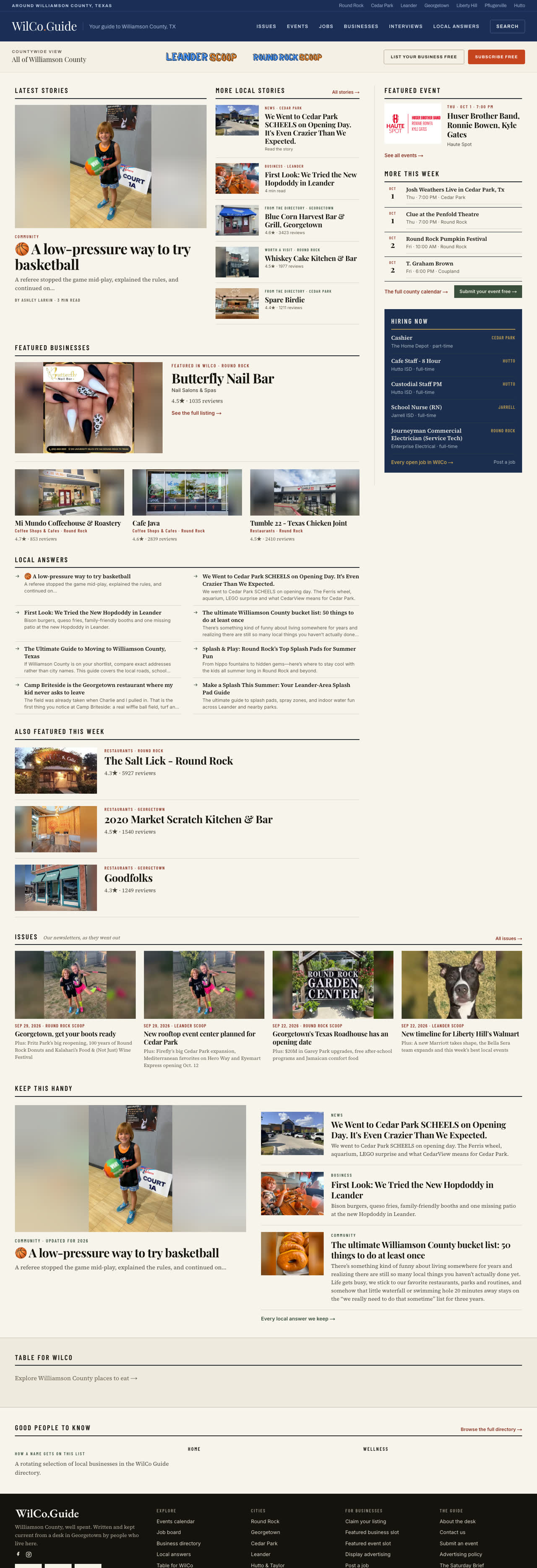 The WilCo Guide homepage, a real site running on larkfeed